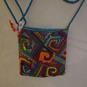 Vintage 90s Handmade In India Psychedelic Beaded Crossbody Bag